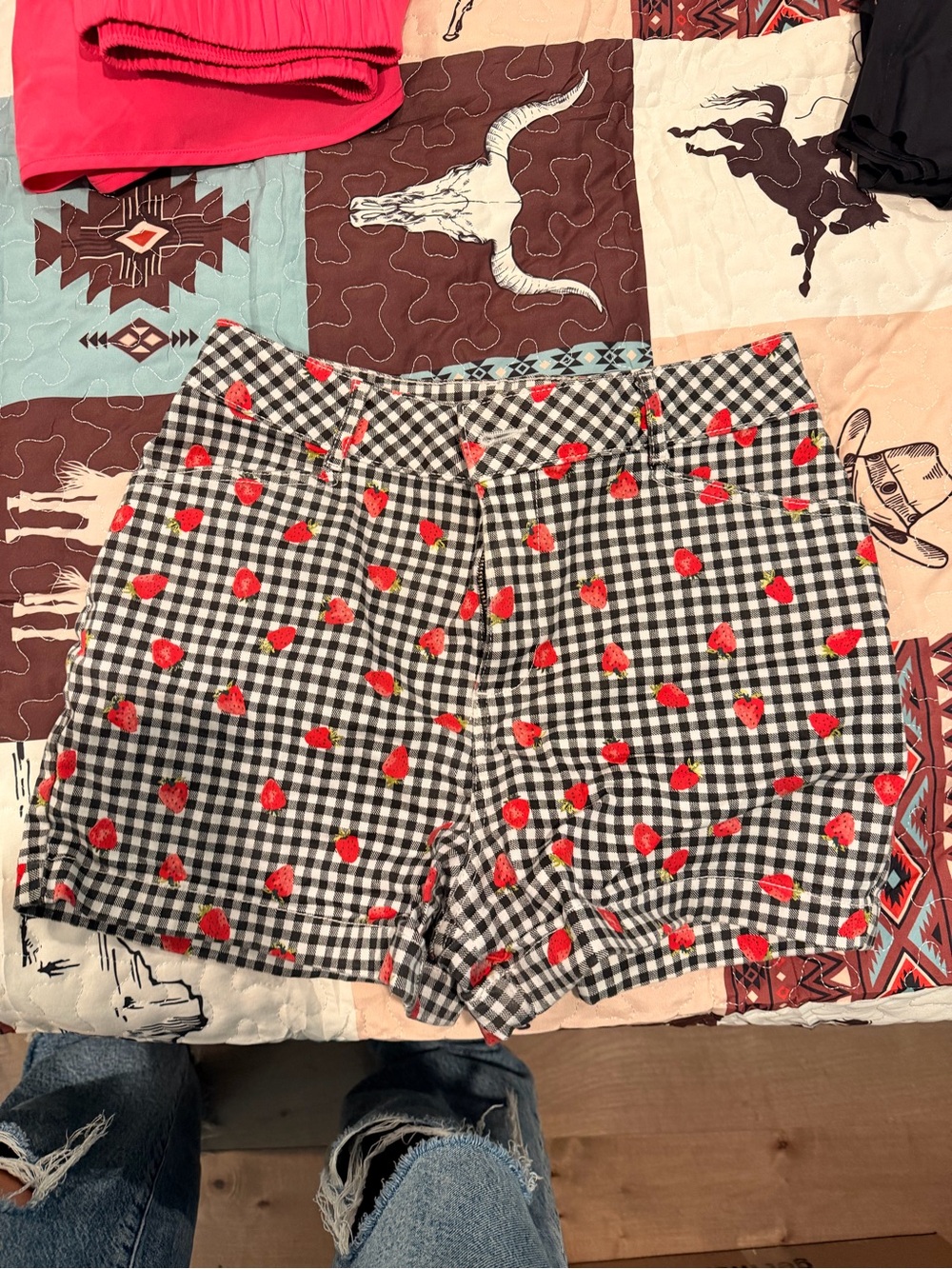 High-Waist Gingham Shorts with Red Strawberry Print
